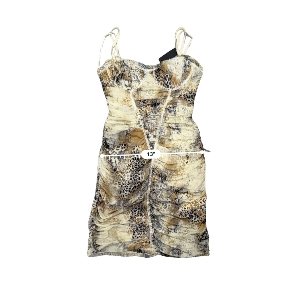 Vintage Y2K Leopard Mesh Ruched Bodycon Mini Dress Spaghetti Strap Prom Party S - Picture 11 of 14